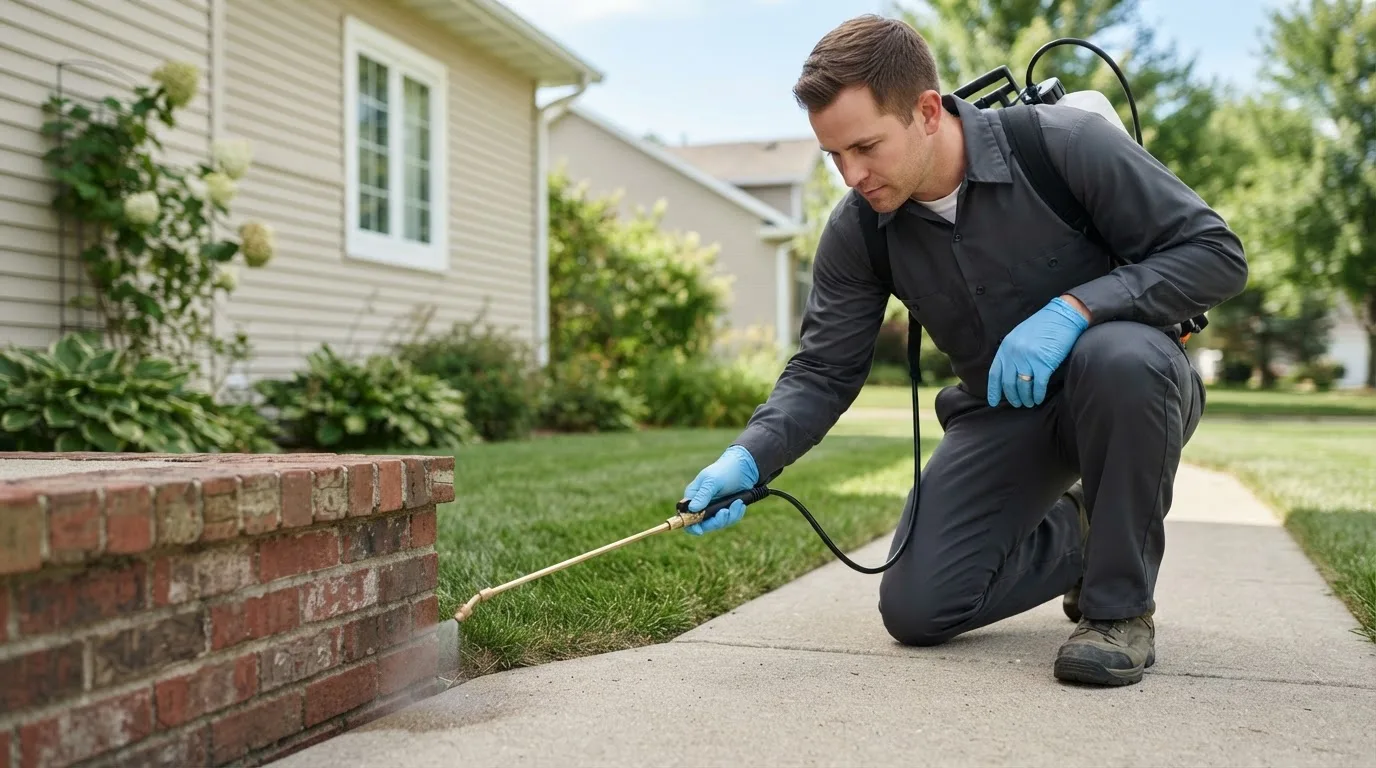 Pest control technician treating a home near Devils Lake, ND